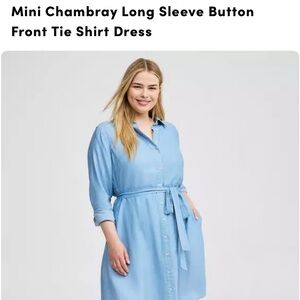 Chambray Long Sleeve Button Front Tie Shirt Dress